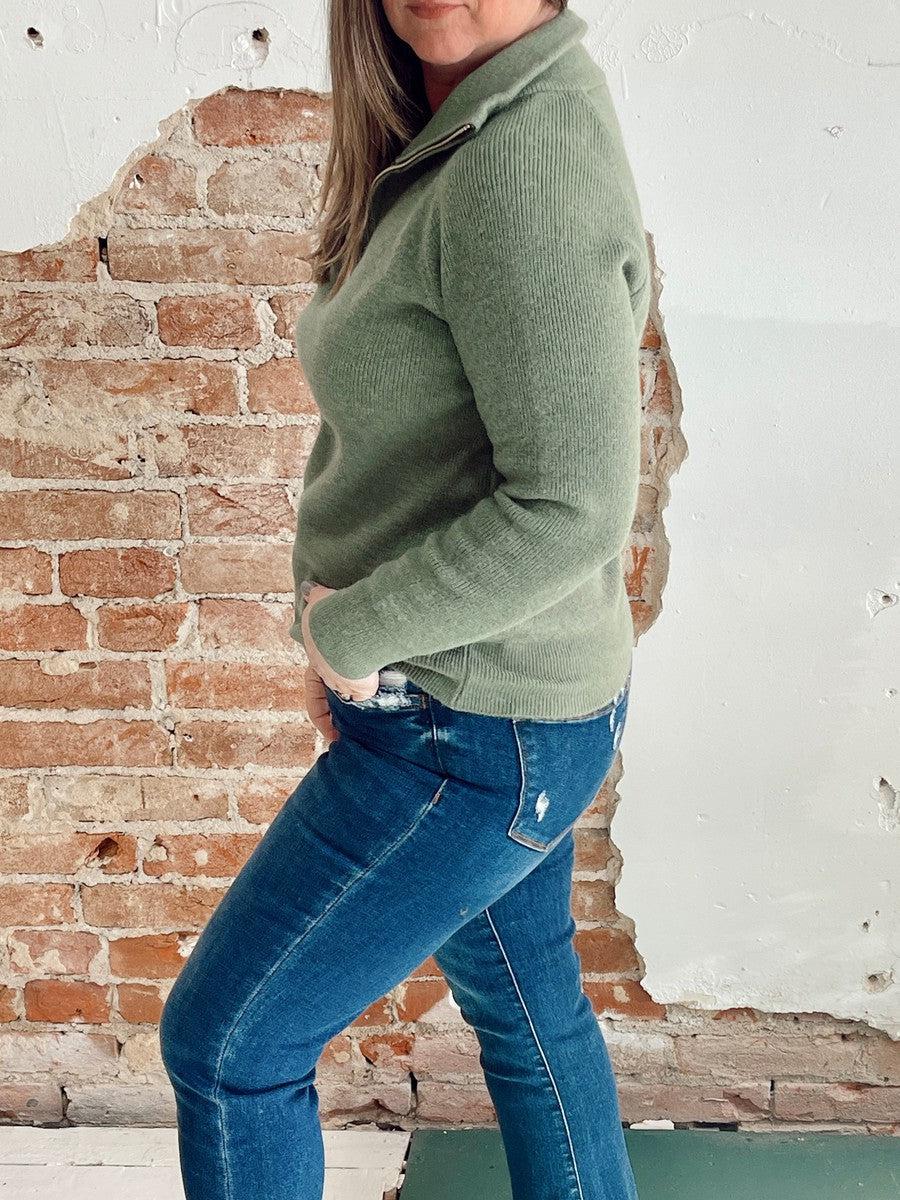 Casual Green Zip Pullover-Tops-[option4]-[option5]-[option6]-Shop-Womens-Boutique-Store