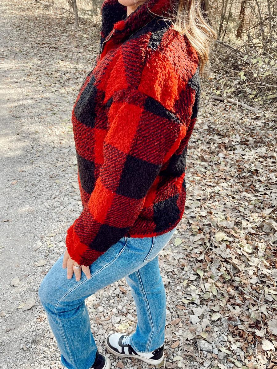Plaid Sherpa Pullover in Red-Outerwear-[option4]-[option5]-[option6]-Shop-Womens-Boutique-Store